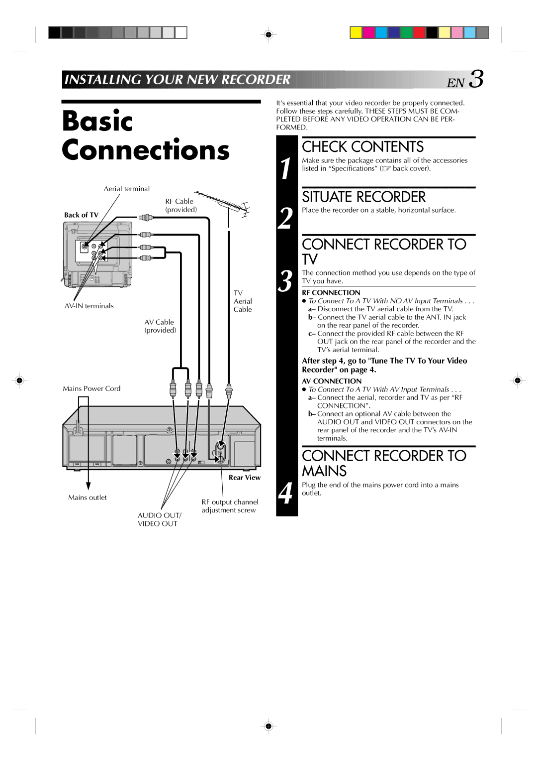 JVC HR-J635EA specifications Basic Connections, Check Contents, Situate Recorder, Connect Recorder to Mains 