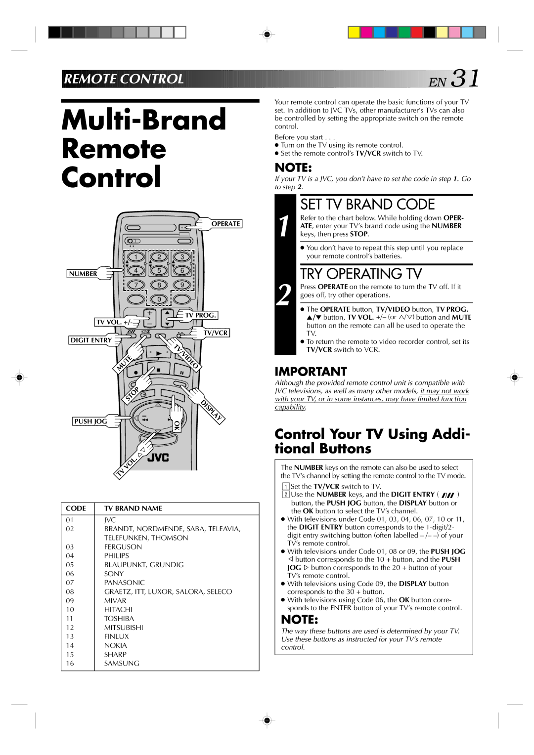 JVC HR-J635EA Multi-Brand Remote Control, SET TV Brand Code, TRY Operating TV, Control Your TV Using Addi- tional Buttons 