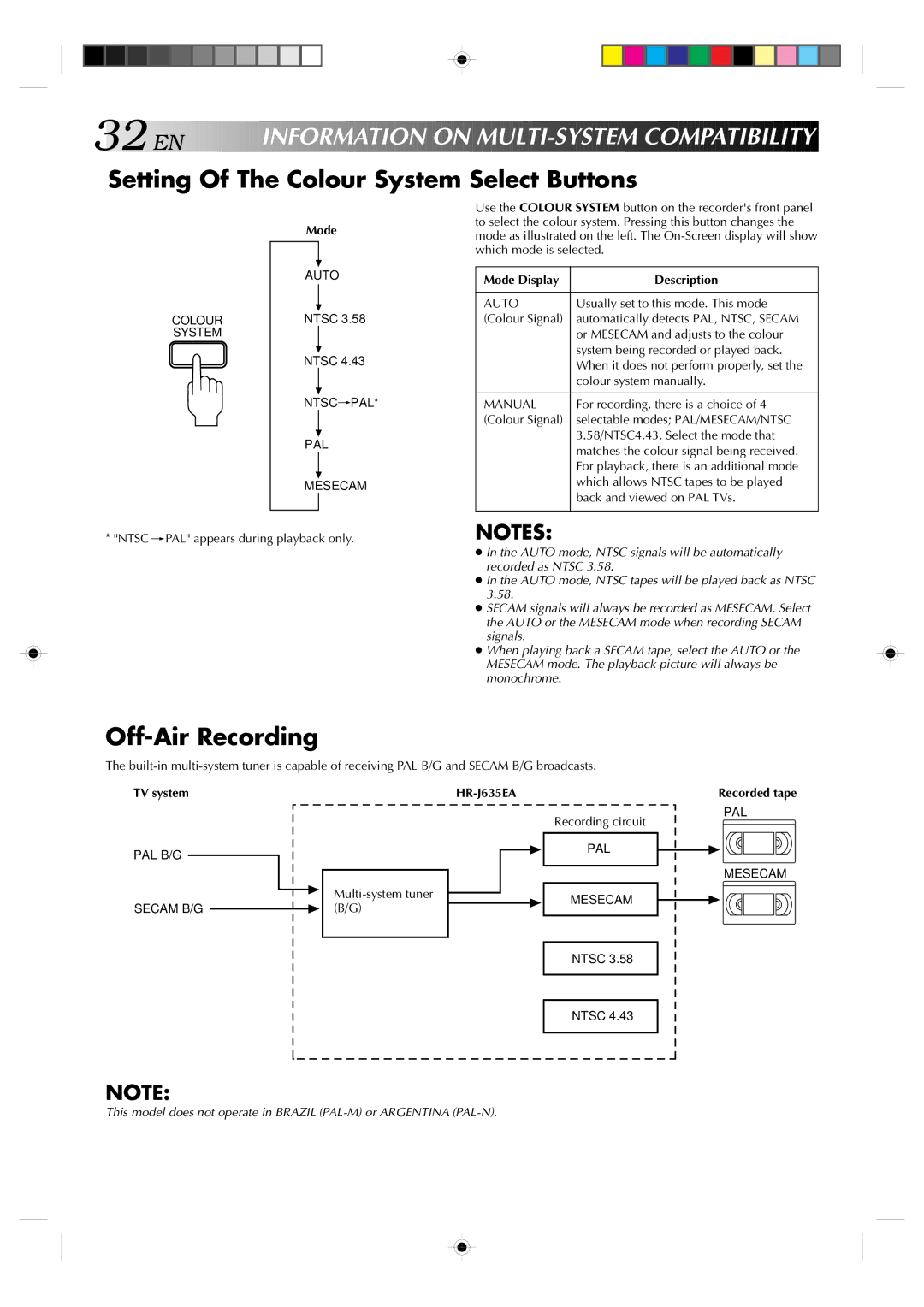 JVC HR-J635EA specifications Setting Of The Colour System Select Buttons, Off-Air Recording 