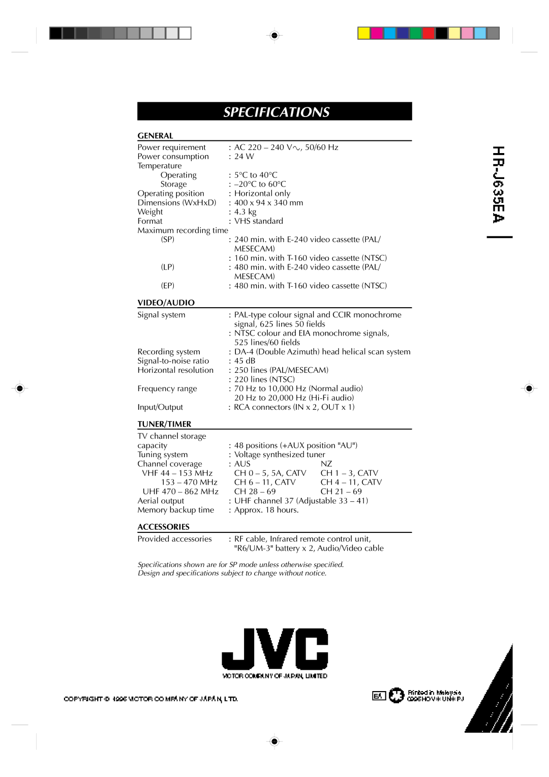 JVC HR-J635EA specifications Specifications, DA-4 Double Azimuth head helical scan system 