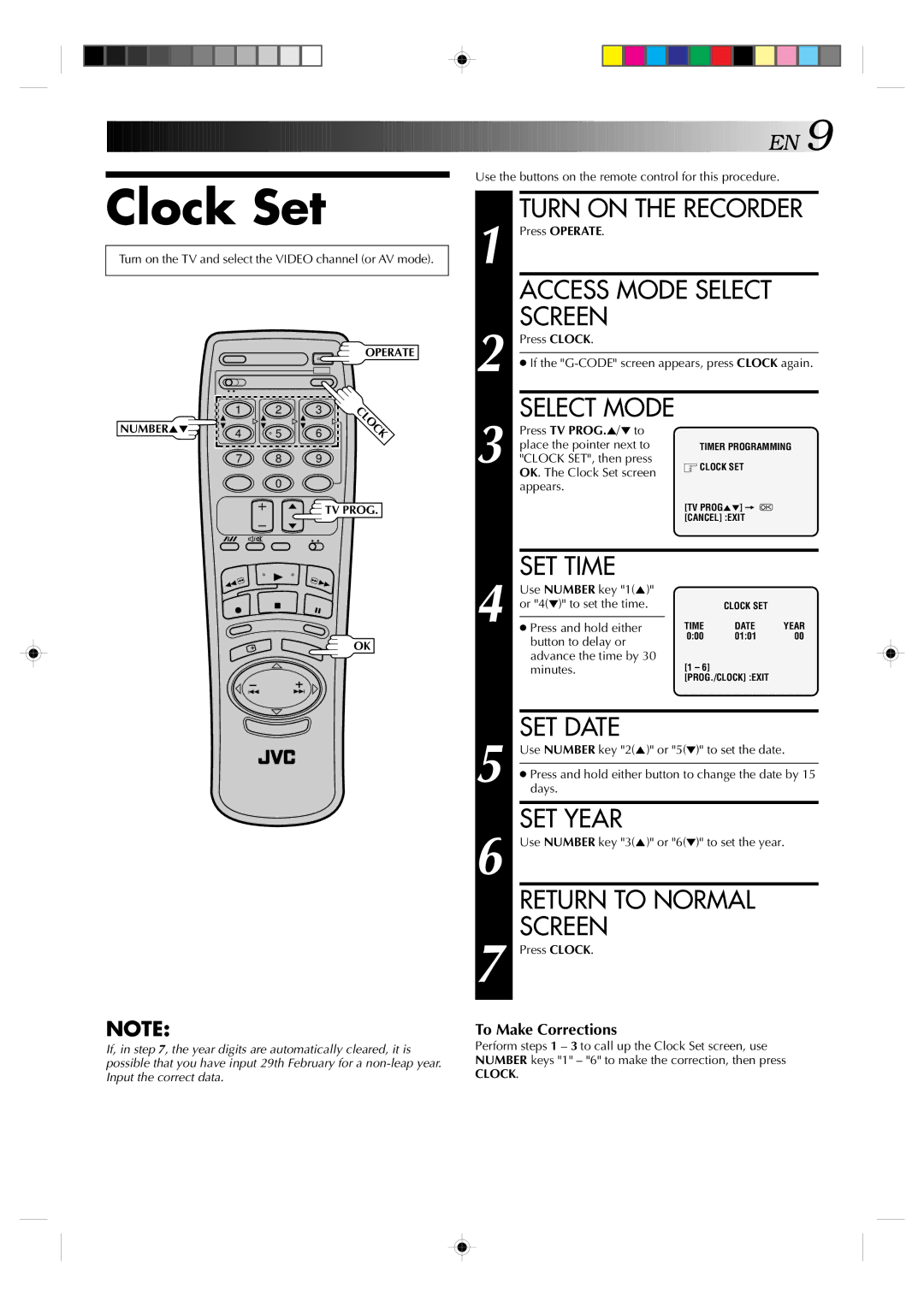 JVC HR-J635EA specifications Clock Set, SET Time, SET Date, SET Year 