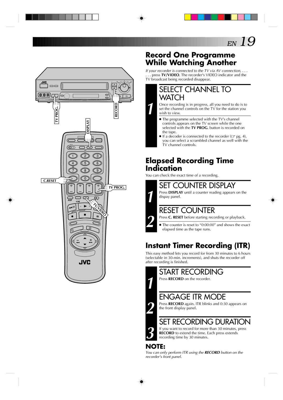 JVC HR-J638E/EH Select Channel to Watch, SET Counter Display, Reset Counter, Engage ITR Mode, SET Recording Duration 