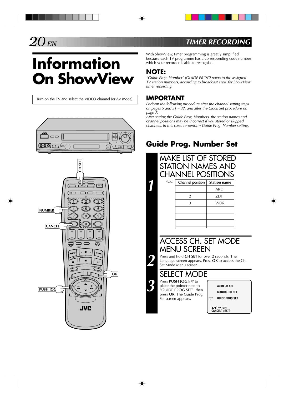 JVC HR-J638E/EH Information On ShowView, Make List of Stored Station Names Channel Positions, EN Timer Recording 