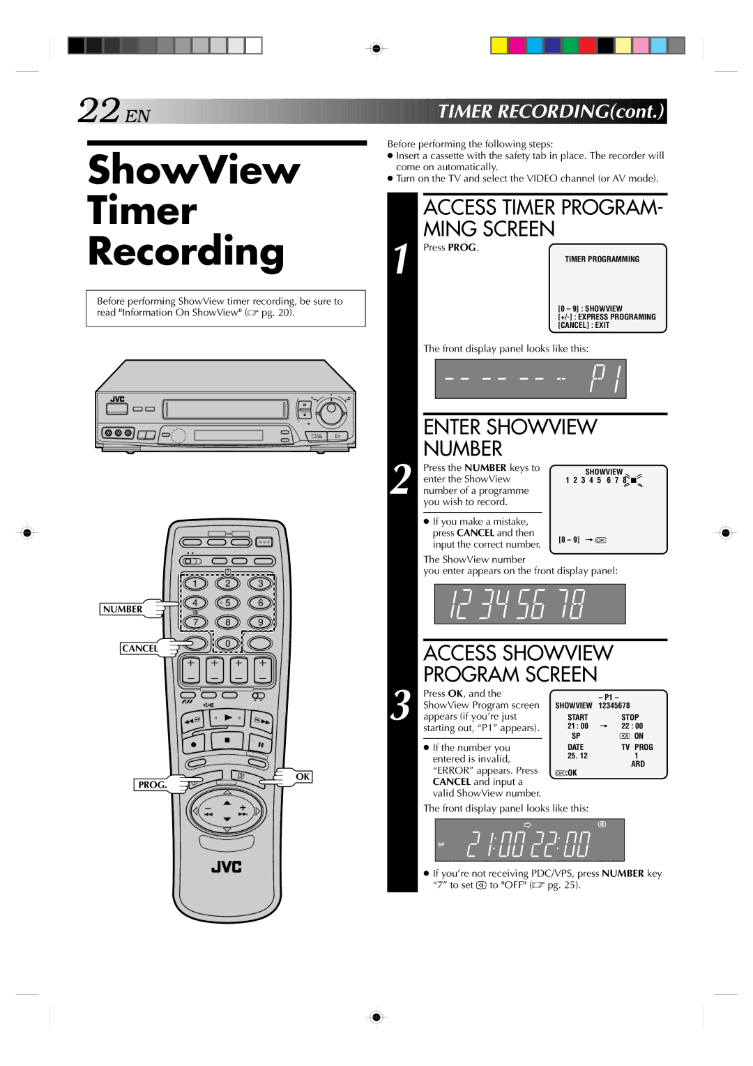 JVC HR-J638E/EH specifications ShowView Timer Recording, EN Timer RECORDINGcont 