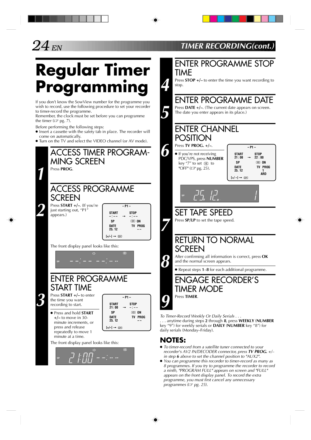 JVC HR-J638E/EH specifications Regular Timer Programming, Enter Programme Stop Time, Engage RECORDER’S Timer Mode 