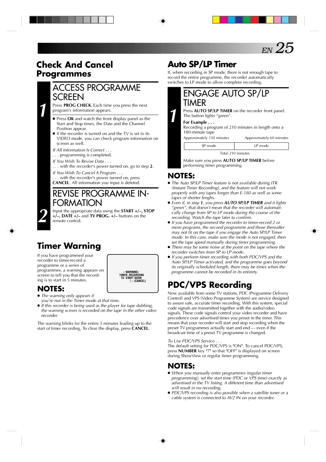 JVC HR-J638E/EH specifications Access Programme Screen, Revise Programme IN- Formation, Engage Auto SP/LP, Timer 