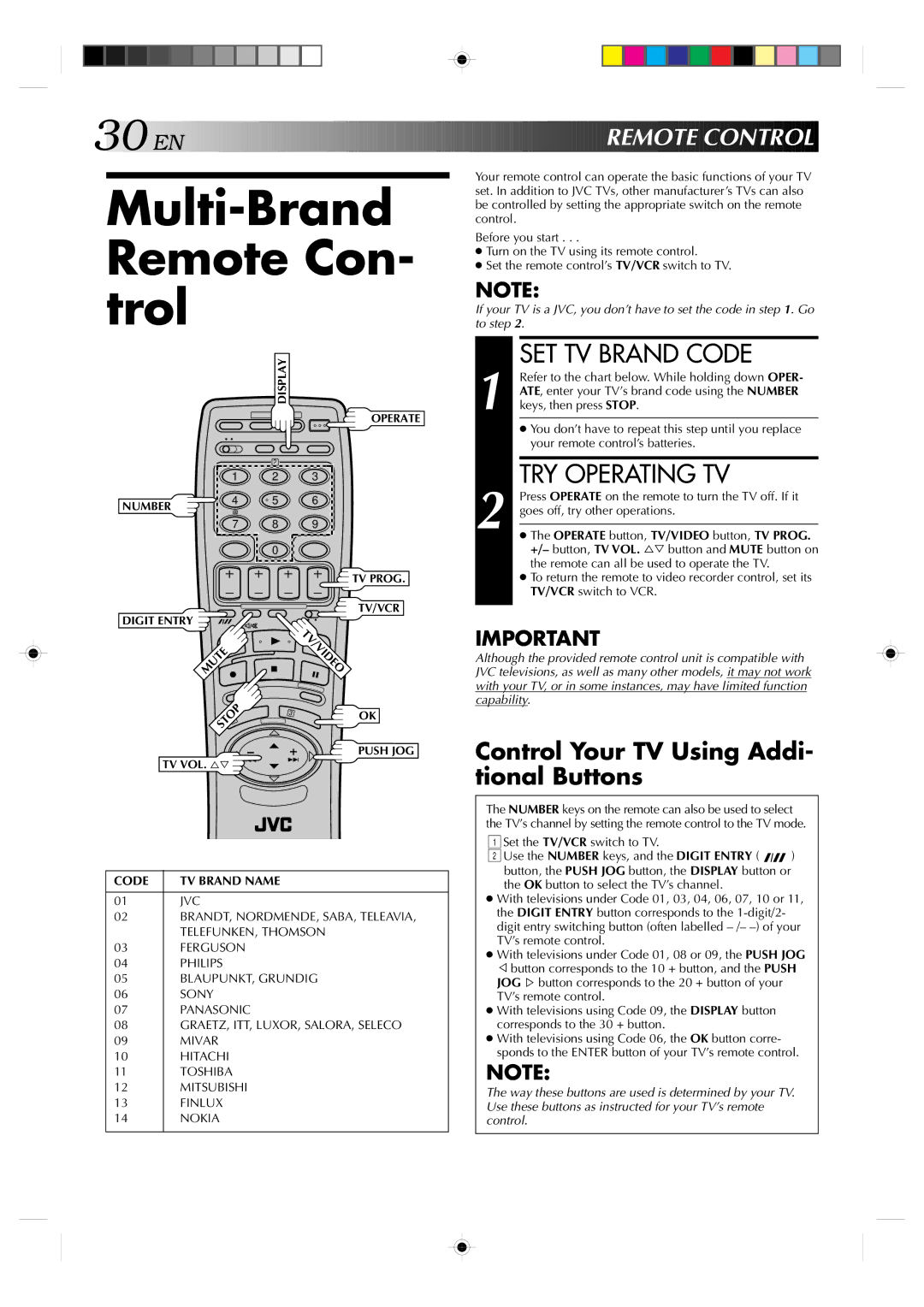 JVC HR-J638E/EH specifications Multi-Brand Remote Con- trol, SET TV Brand Code, TRY Operating TV, EN Remote CON Trol 