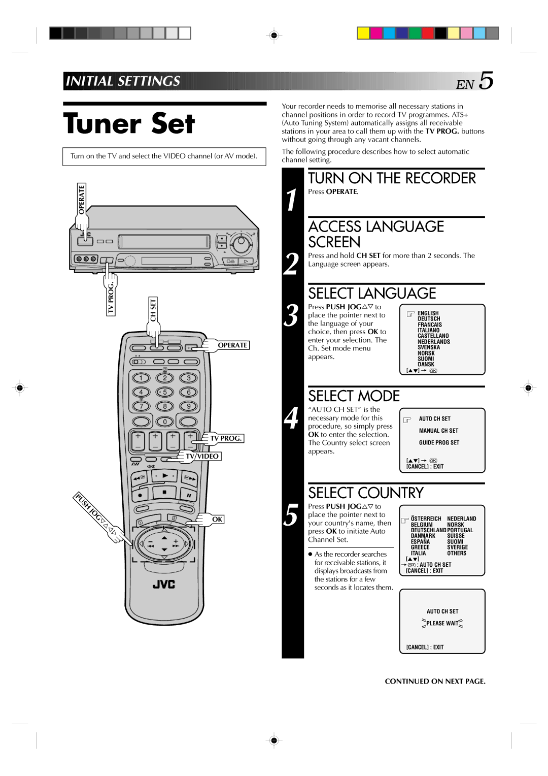 JVC HR-J638E/EH specifications Tuner Set, Select Language, Select Country, Initial Settings EN, Ush Jog 