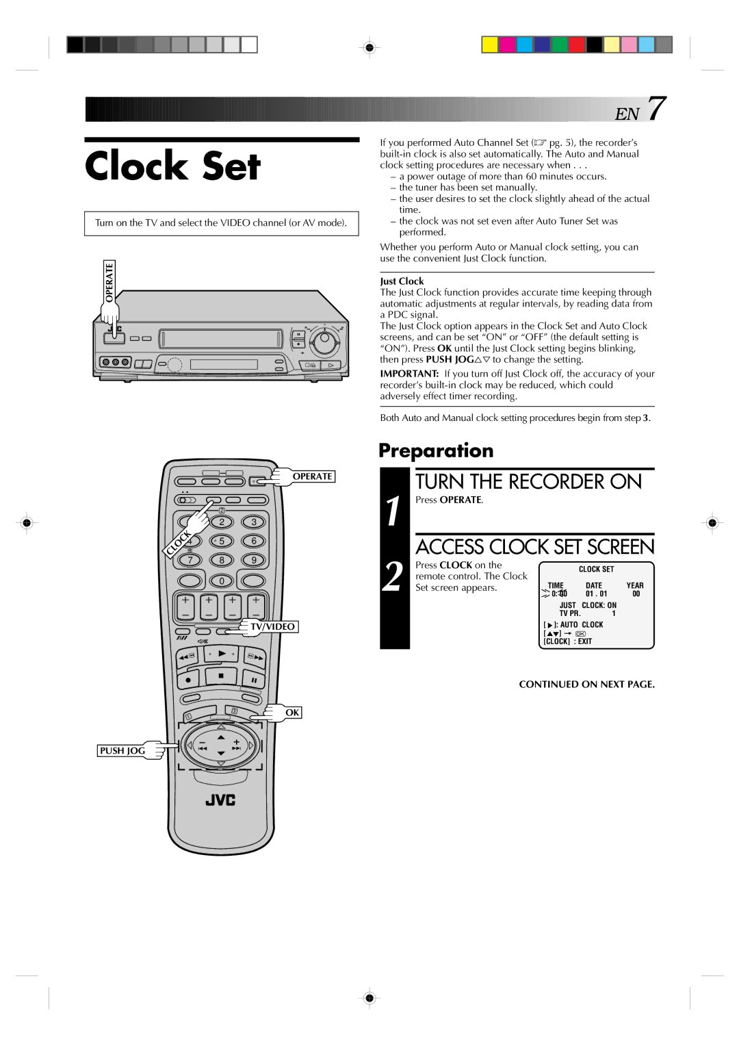 JVC HR-J638E/EH specifications Clock Set, Preparation 