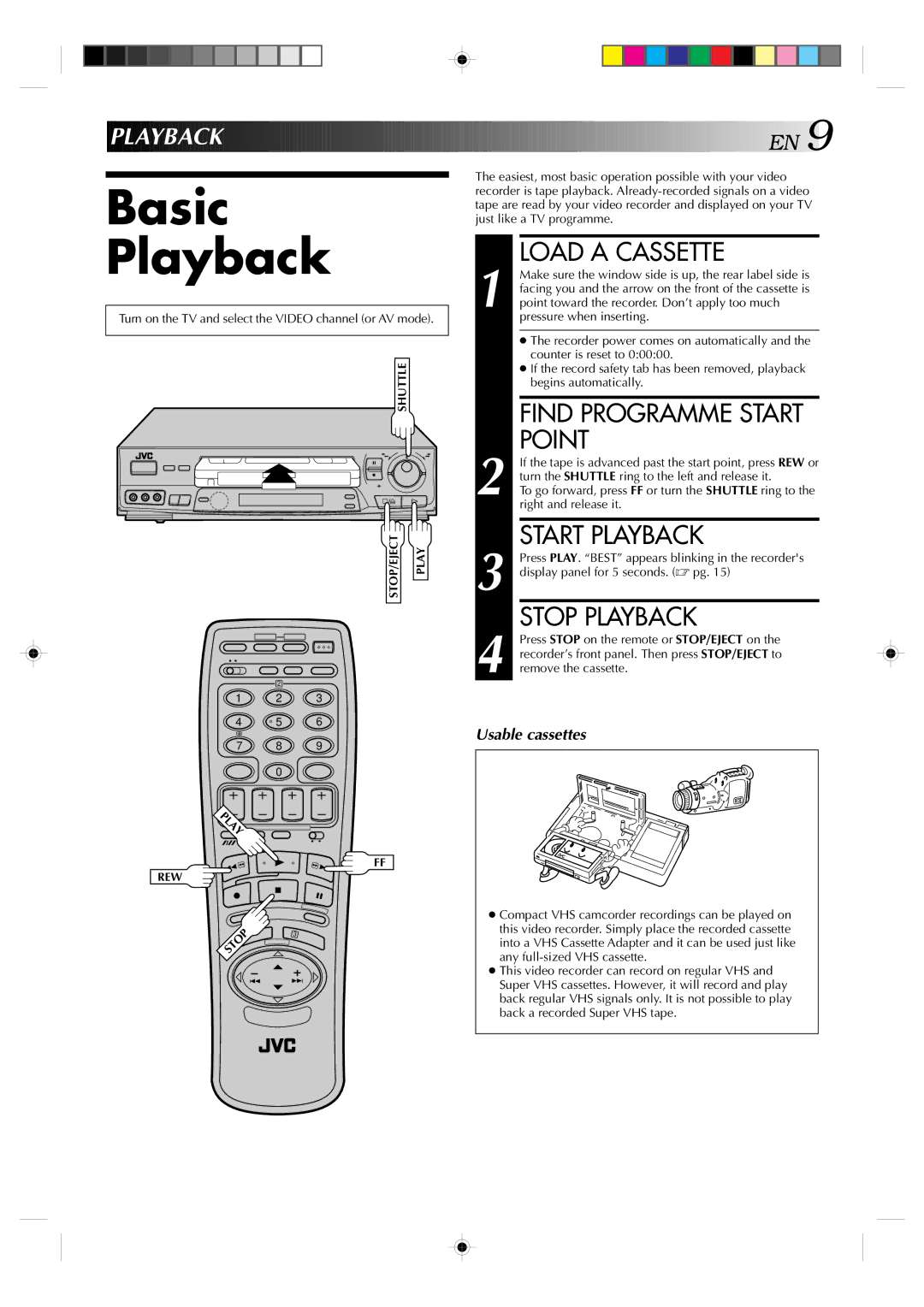 JVC HR-J638E/EH specifications Basic Playback, Load a Cassette, Point, Start Playback, Stop Playback 