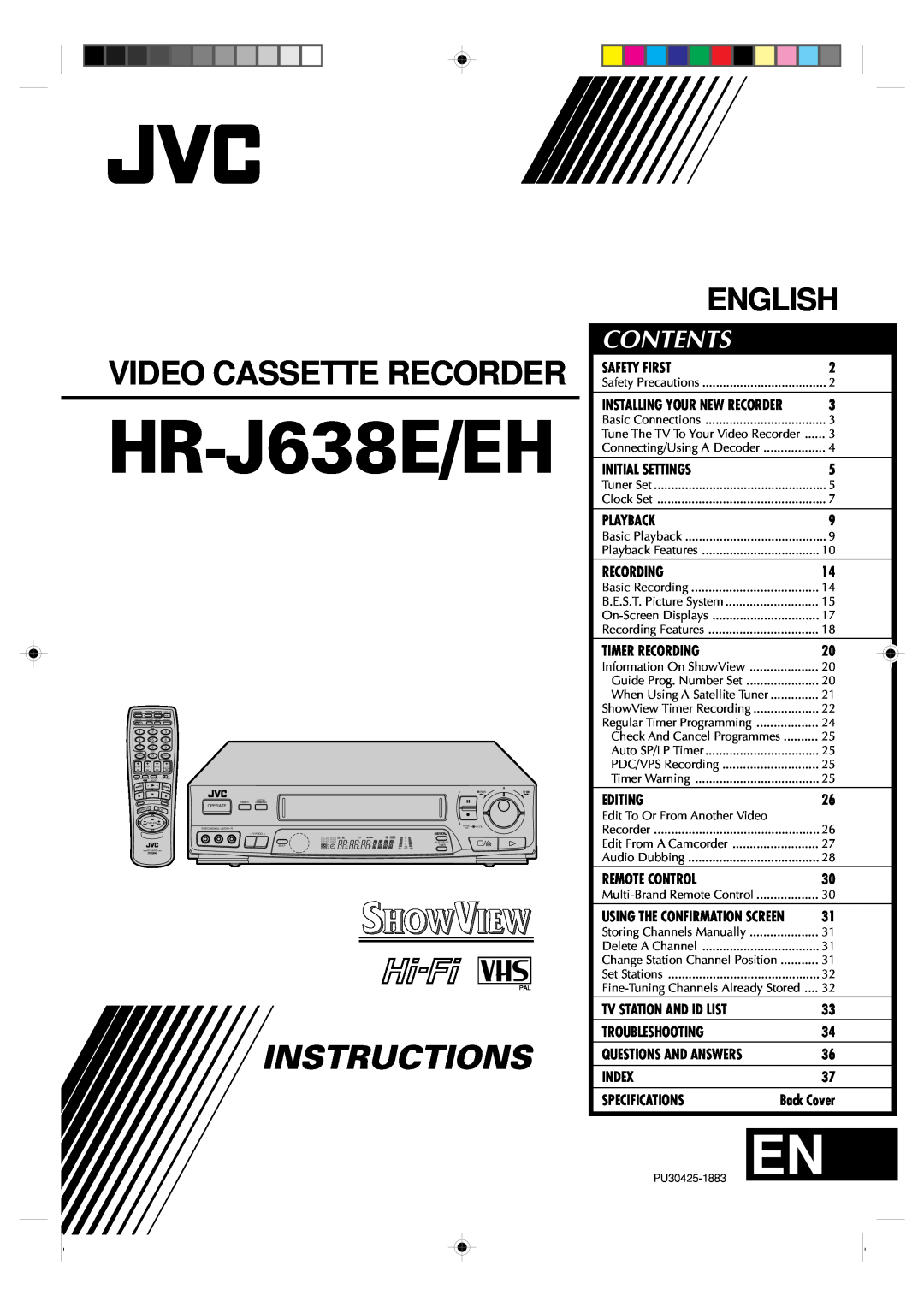 JVC HR-J638E/EH specifications Video Cassette Recorder, Instructions, English, Contents 