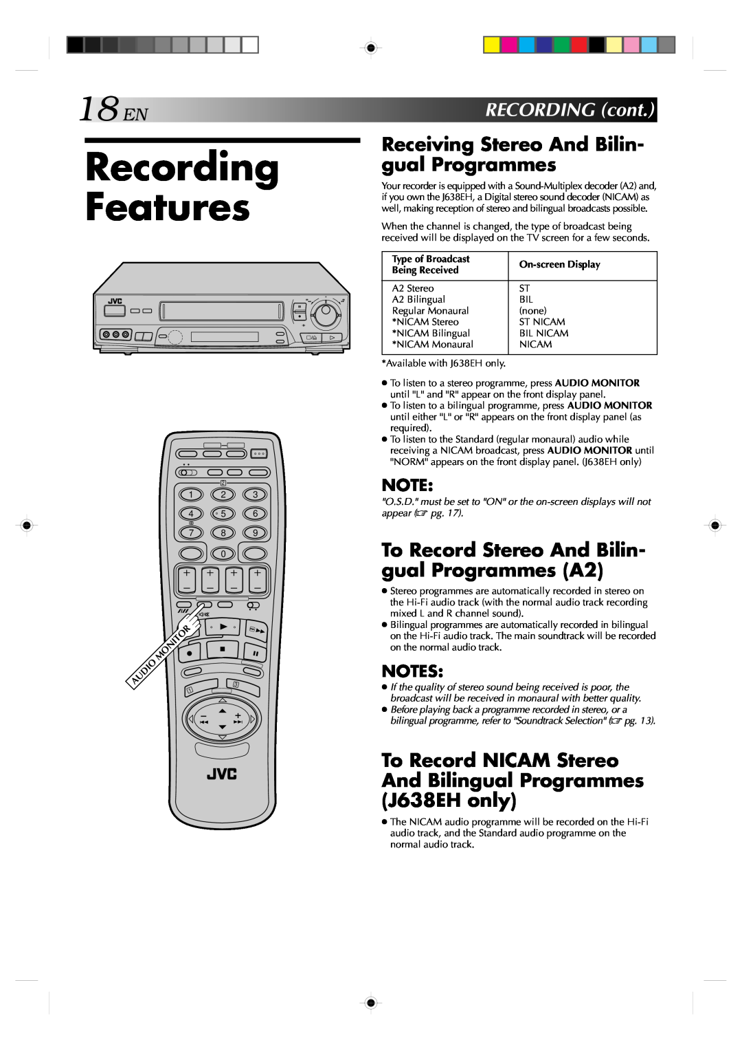 JVC HR-J638E/EH Recording Features, 18ENRECORDINGcont, Receiving Stereo And Bilin- gual Programmes, Type of Broadcast 