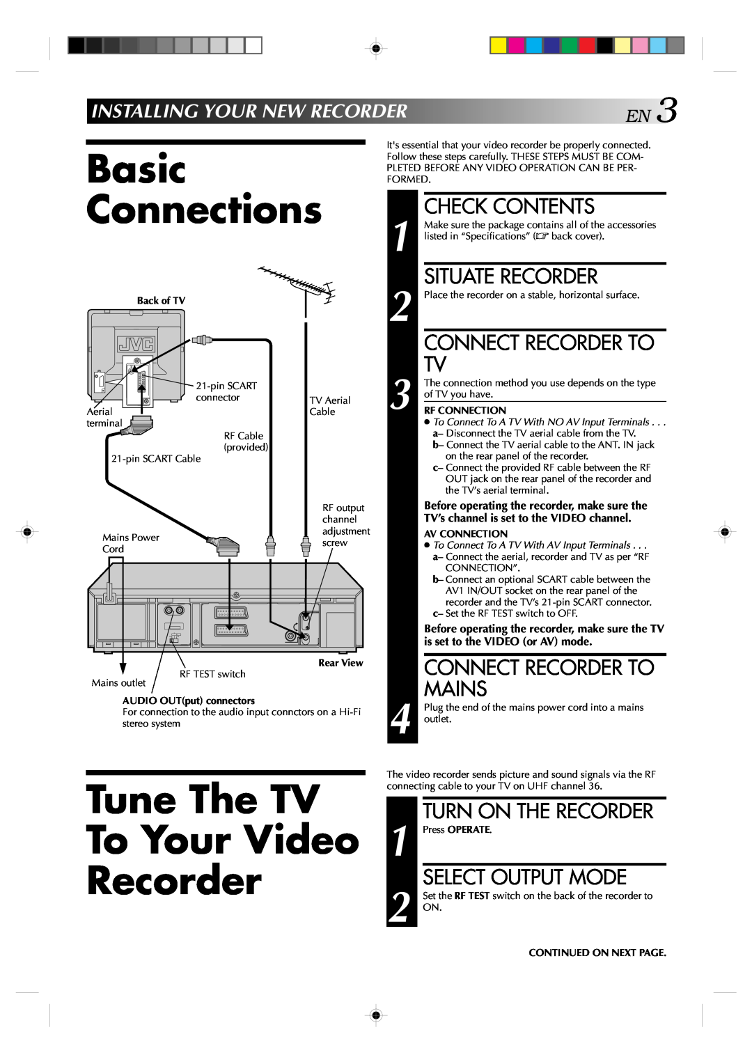 JVC HR-J638E/EH Basic Connections, Tune The TV To Your Video Recorder, Installingyournewrecorderen, Back of TV 