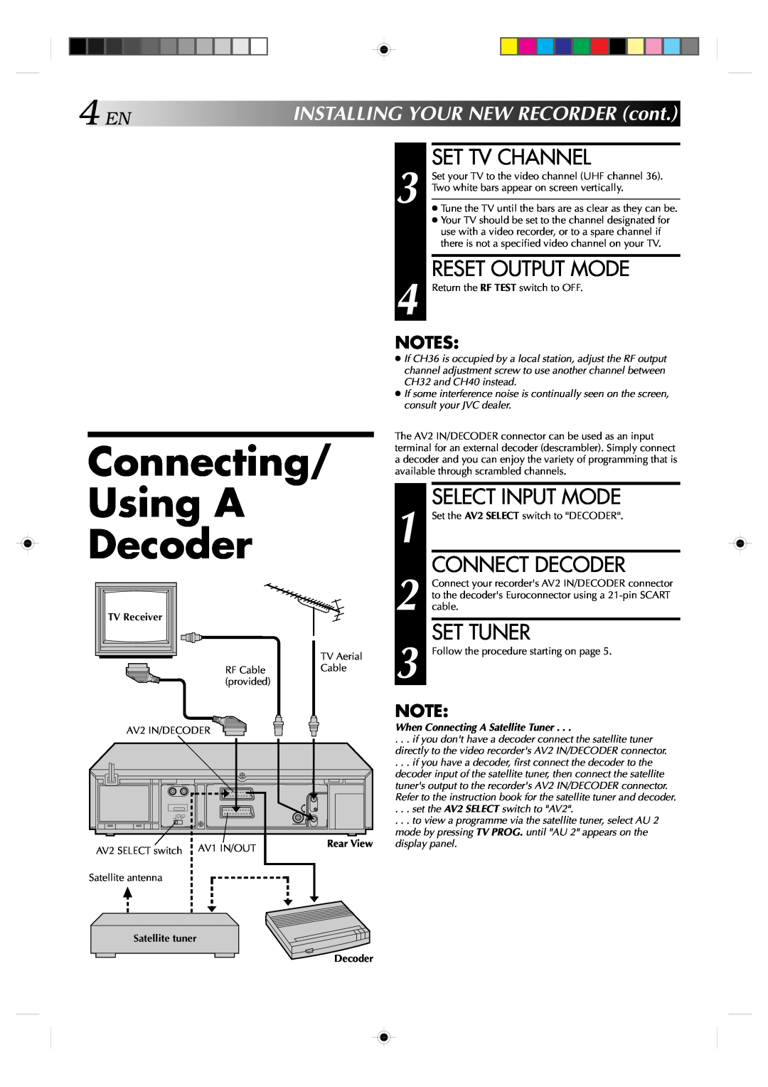 JVC HR-J638E/EH Connecting Using A Decoder, INSTALLINGYOURNEWRECORDER cont, TV Receiver, When Connecting A Satellite Tuner 