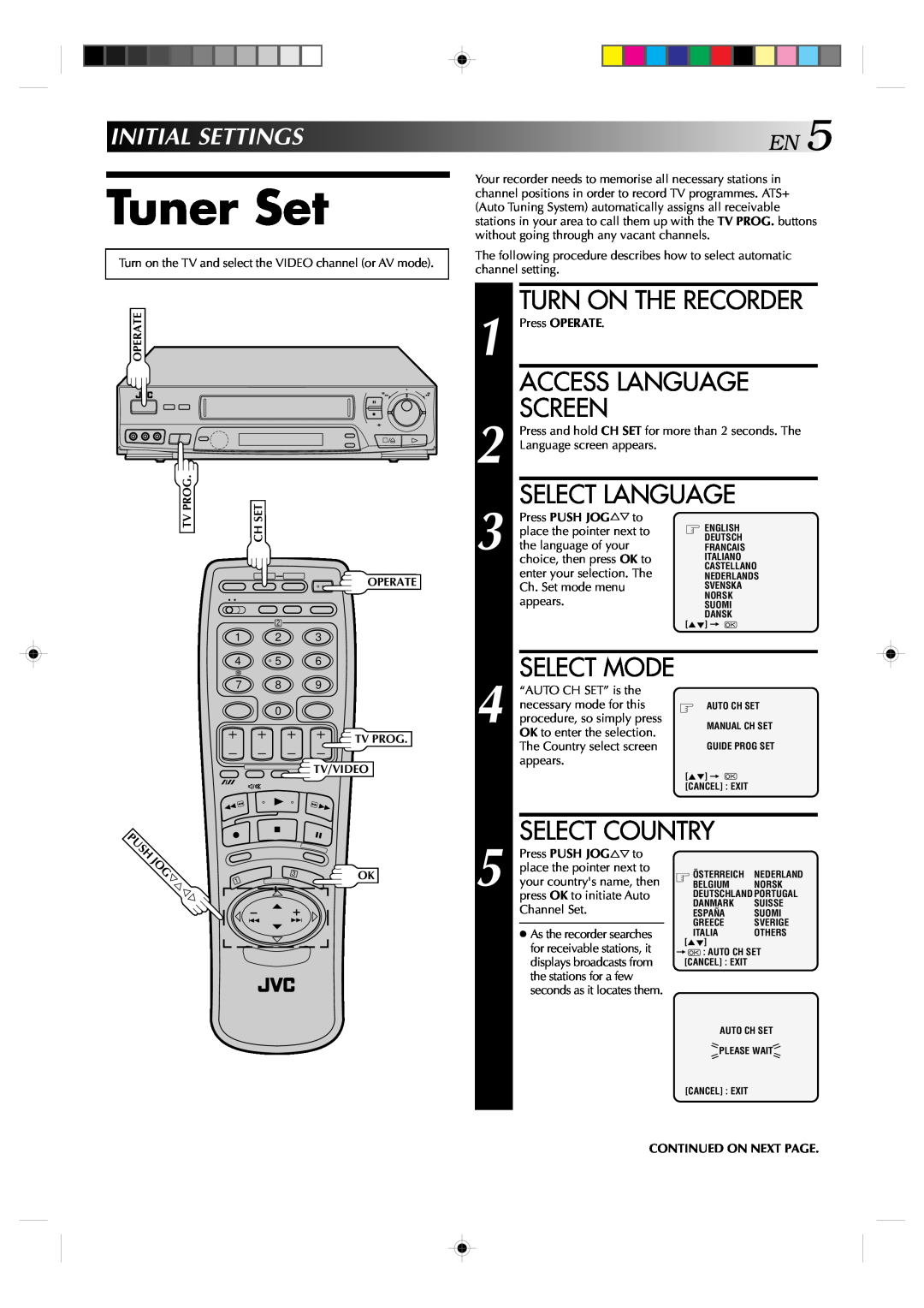 JVC HR-J638E/EH specifications Tuner Set, INITIALSETTINGSEN5, Access Language Screen, Select Mode, Continued On Next Page 