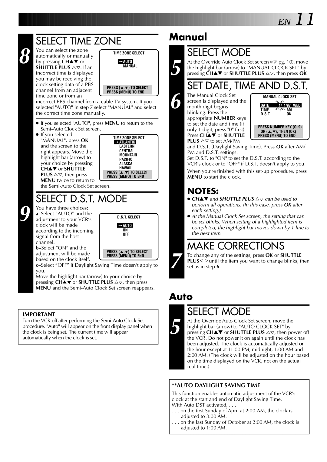 JVC HR-J440U, HR-J640U instruction manual Select Time Zone, Select D.S.T. Mode, Make Corrections, Manual, Auto 