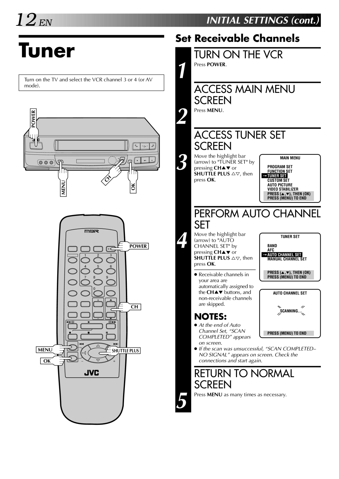 JVC HR-J640U, HR-J440U instruction manual Access Main Menu, Access Tuner SET, Set, Return to Normal Screen 