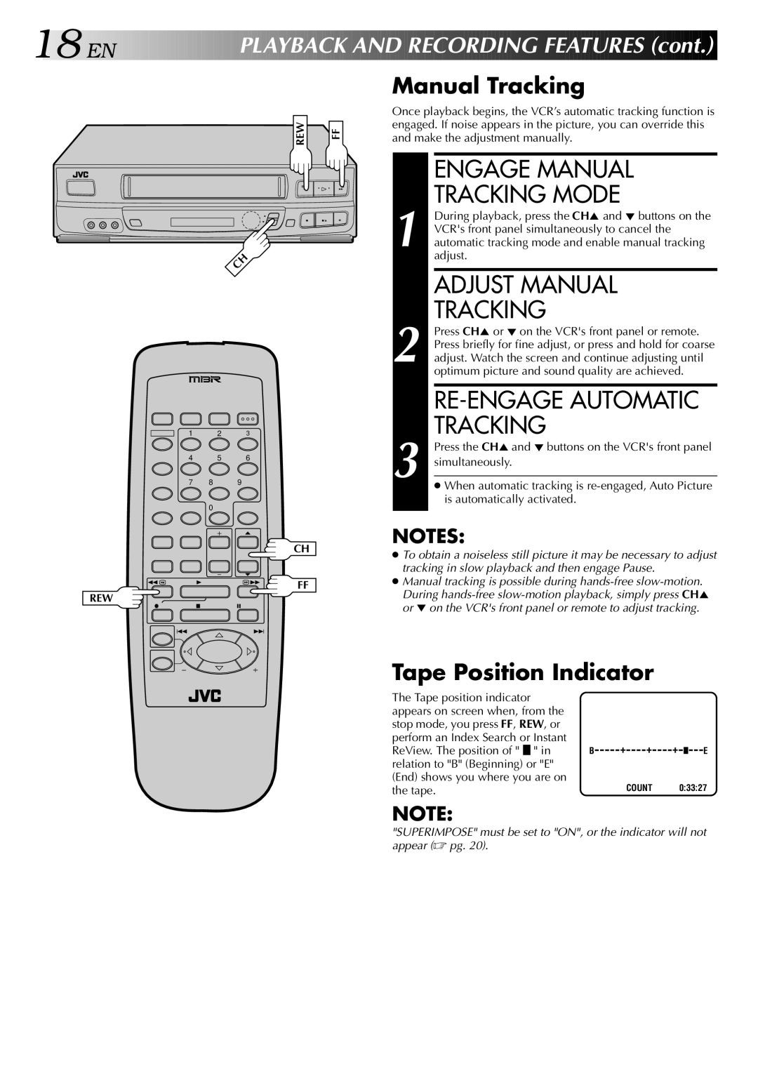 JVC HR-J640U, HR-J440U instruction manual Engage Manual Tracking Mode, Adjust Manual Tracking, RE-ENGAGE Automatic Tracking 