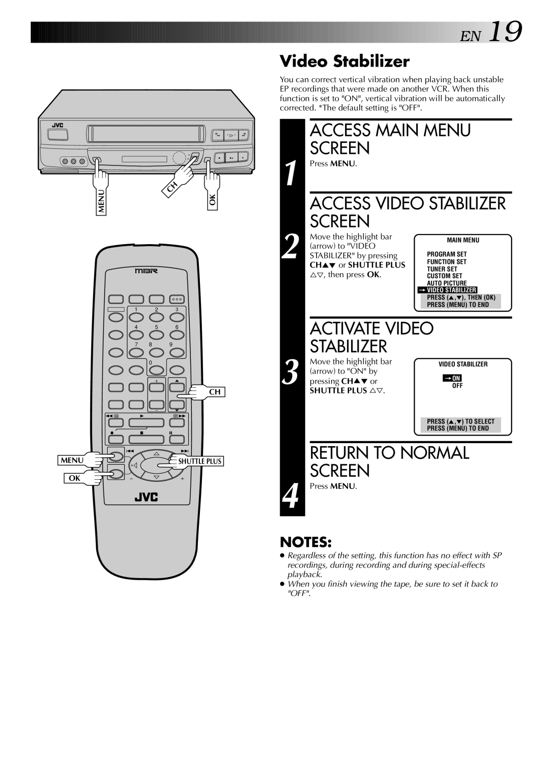 JVC HR-J440U, HR-J640U instruction manual Video Stabilizer 