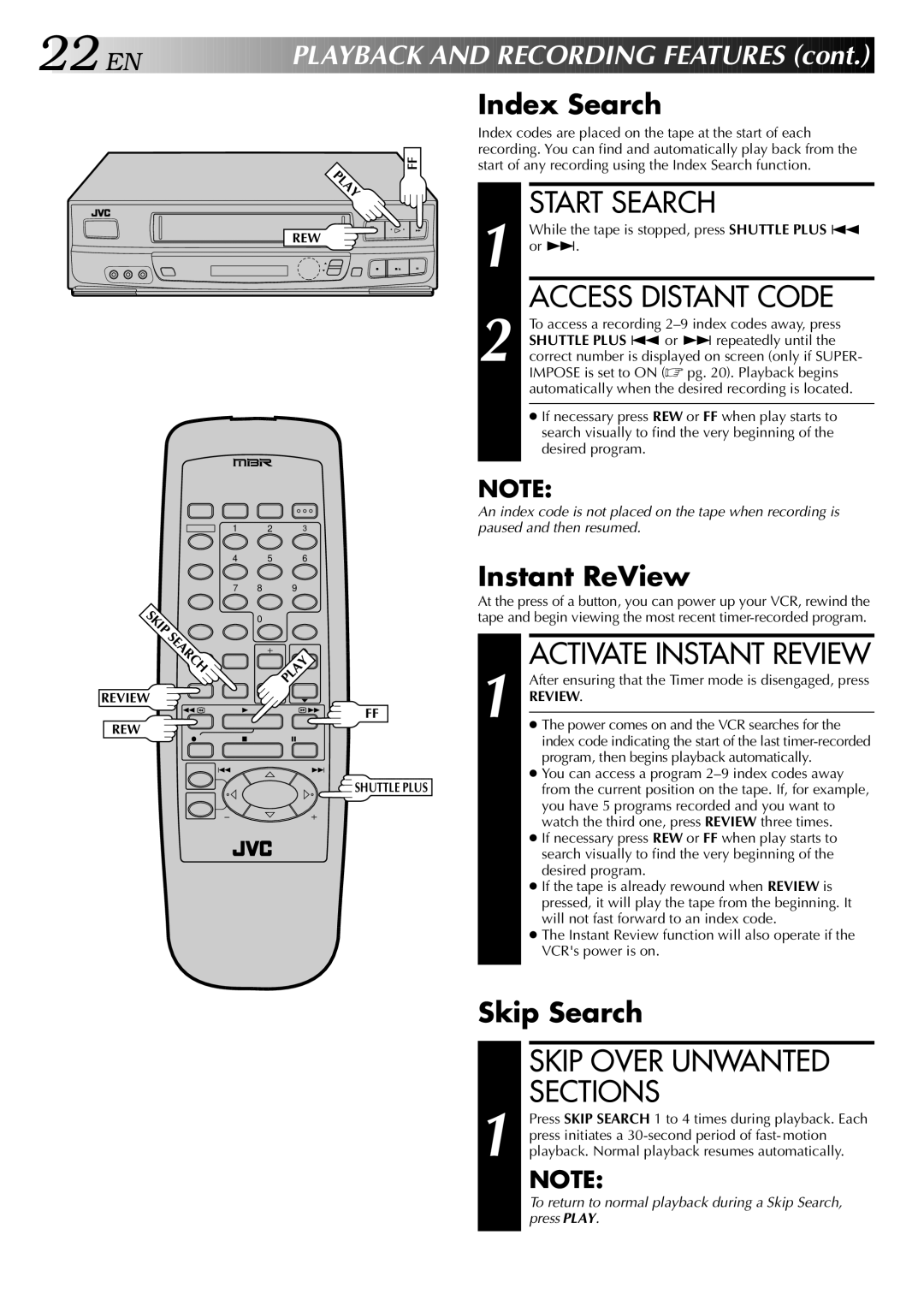 JVC HR-J640U, HR-J440U instruction manual Start Search, Access Distant Code, Skip Over Unwanted Sections 