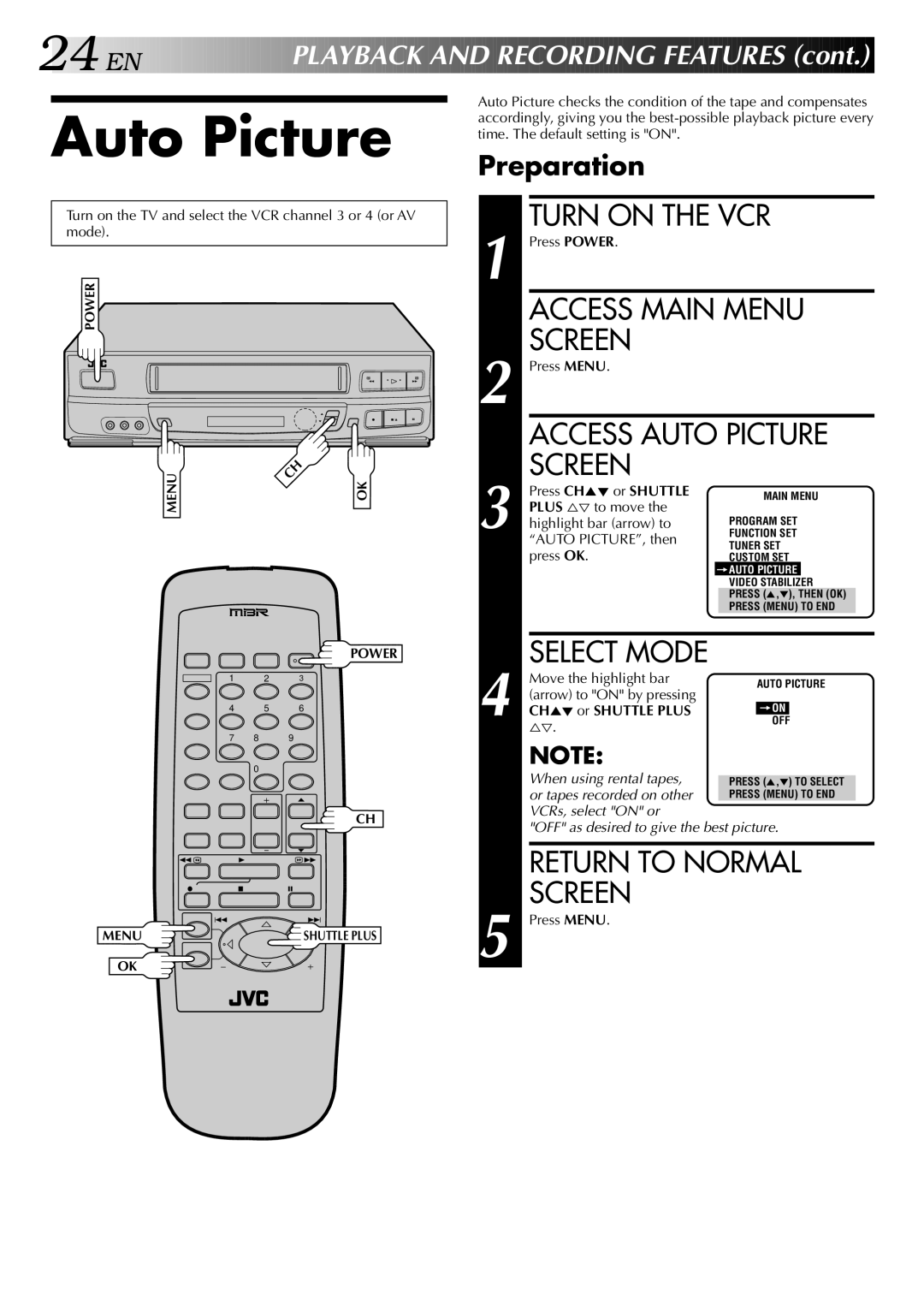 JVC HR-J640U, HR-J440U instruction manual Access Main Menu Screen, Access Auto Picture Screen, Arrow to on by pressing 