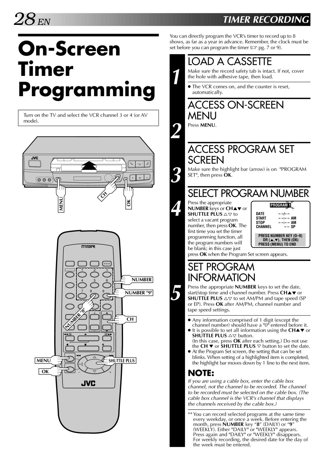 JVC HR-J640U, HR-J440U On-Screen Timer Programming, Access Program SET, Information, EN Timer Recording, Shuttle Plus %Þto 