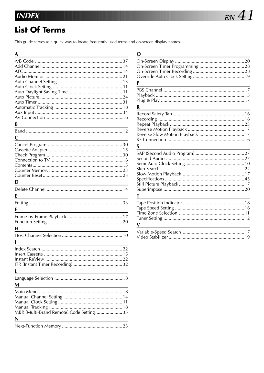 JVC HR-J440U, HR-J640U instruction manual Index, List Of Terms, MBR Multi-Brand Remote Code Setting 