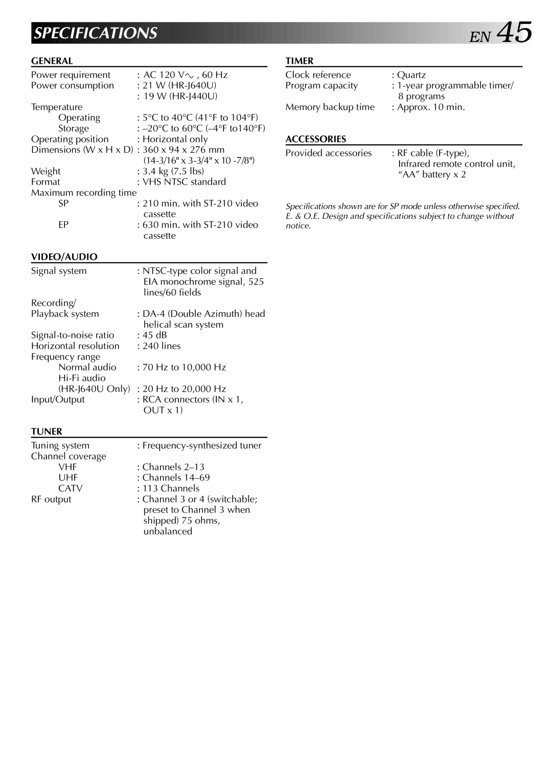 JVC HR-J440U, HR-J640U instruction manual Specifications 