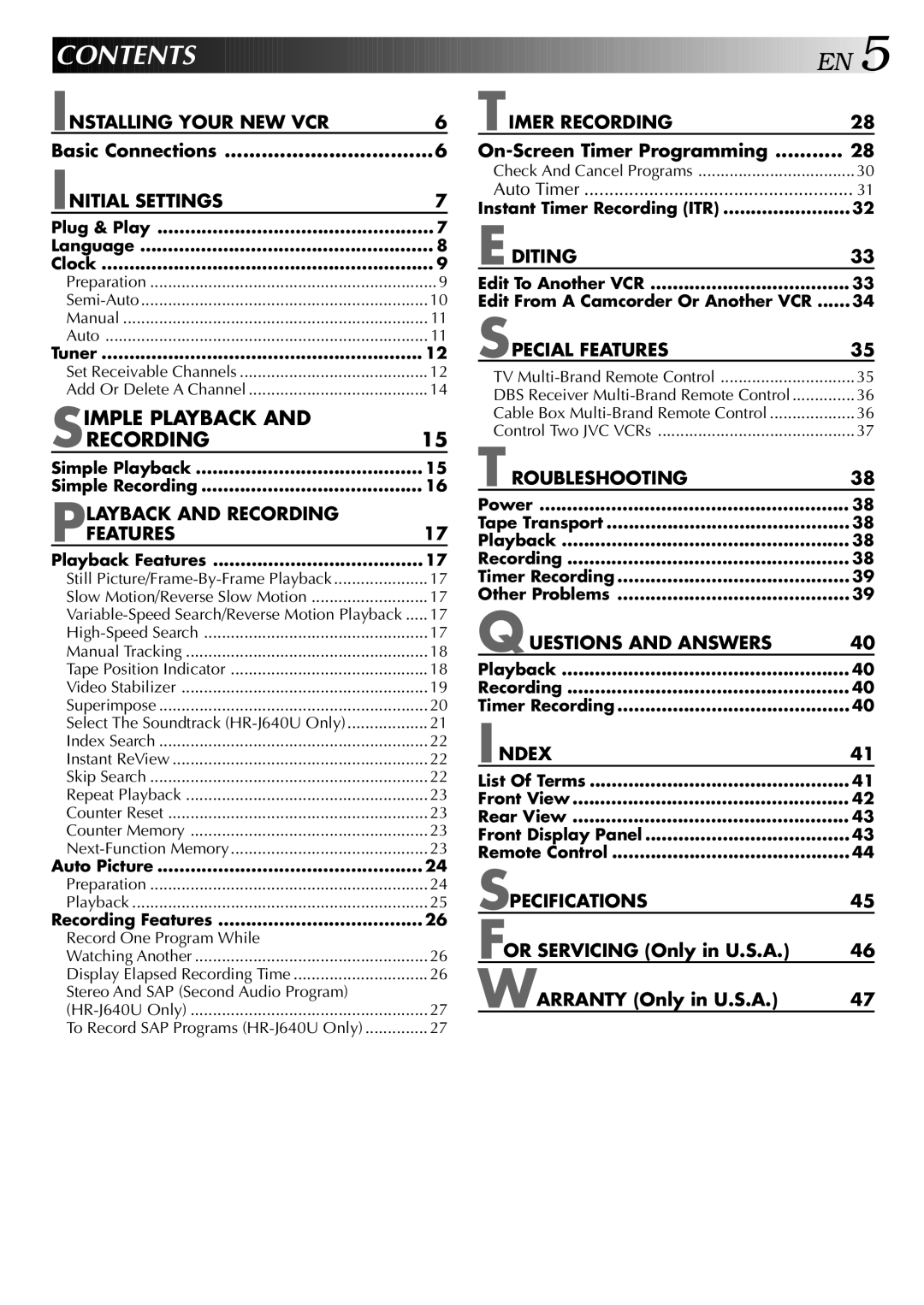 JVC HR-J440U, HR-J640U instruction manual Contents 