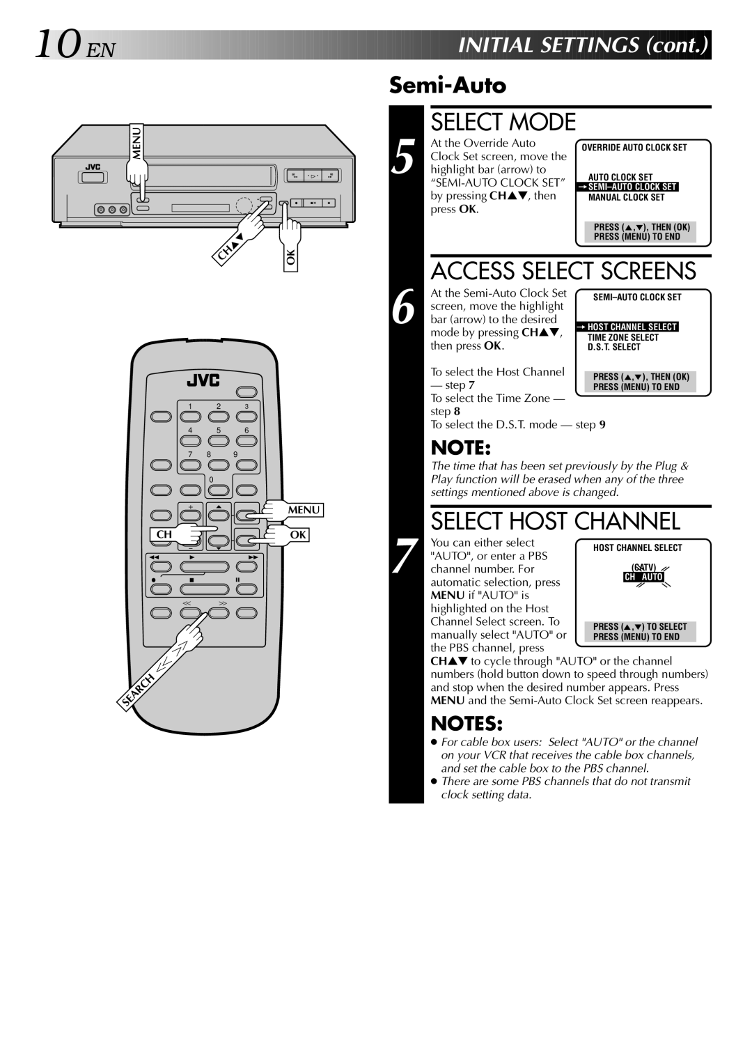 JVC HR-J642U manual Access Select Screens, Select Host Channel, Semi-Auto, Select Mode 