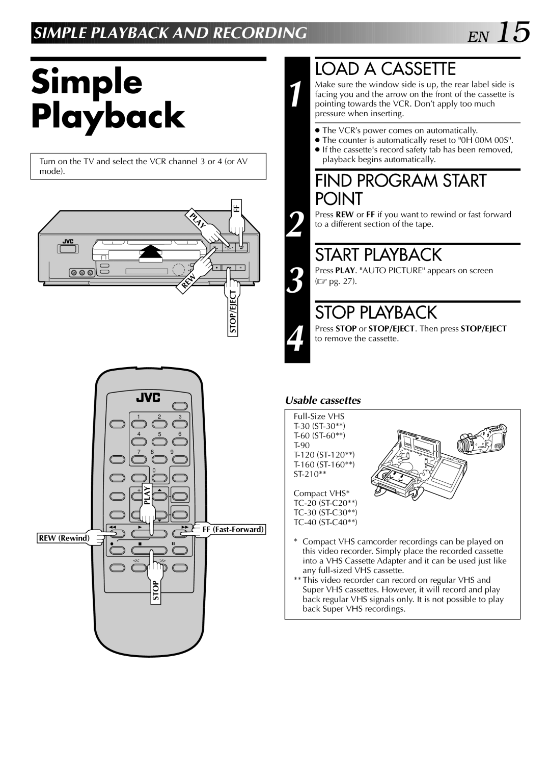 JVC HR-J642U manual Simple Playback, Load a Cassette, Find Program Start Point, Start Playback, Stop Playback 