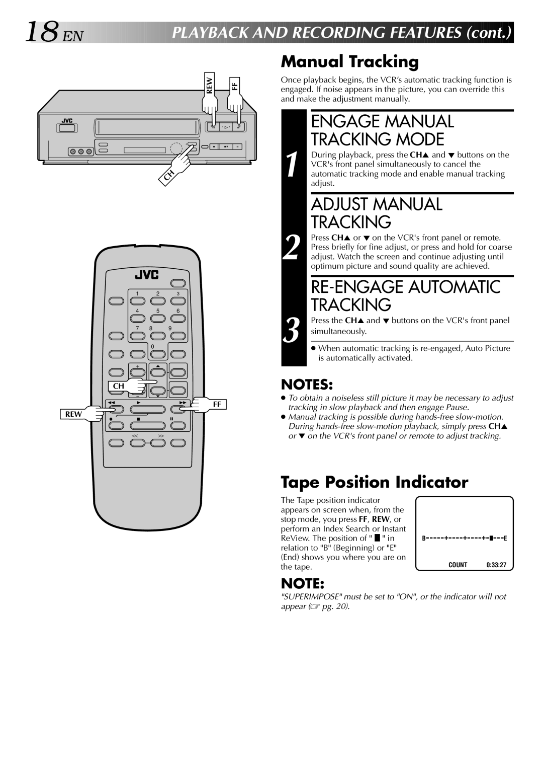 JVC HR-J642U manual Engage Manual Tracking Mode, Adjust Manual Tracking, RE-ENGAGE Automatic Tracking 