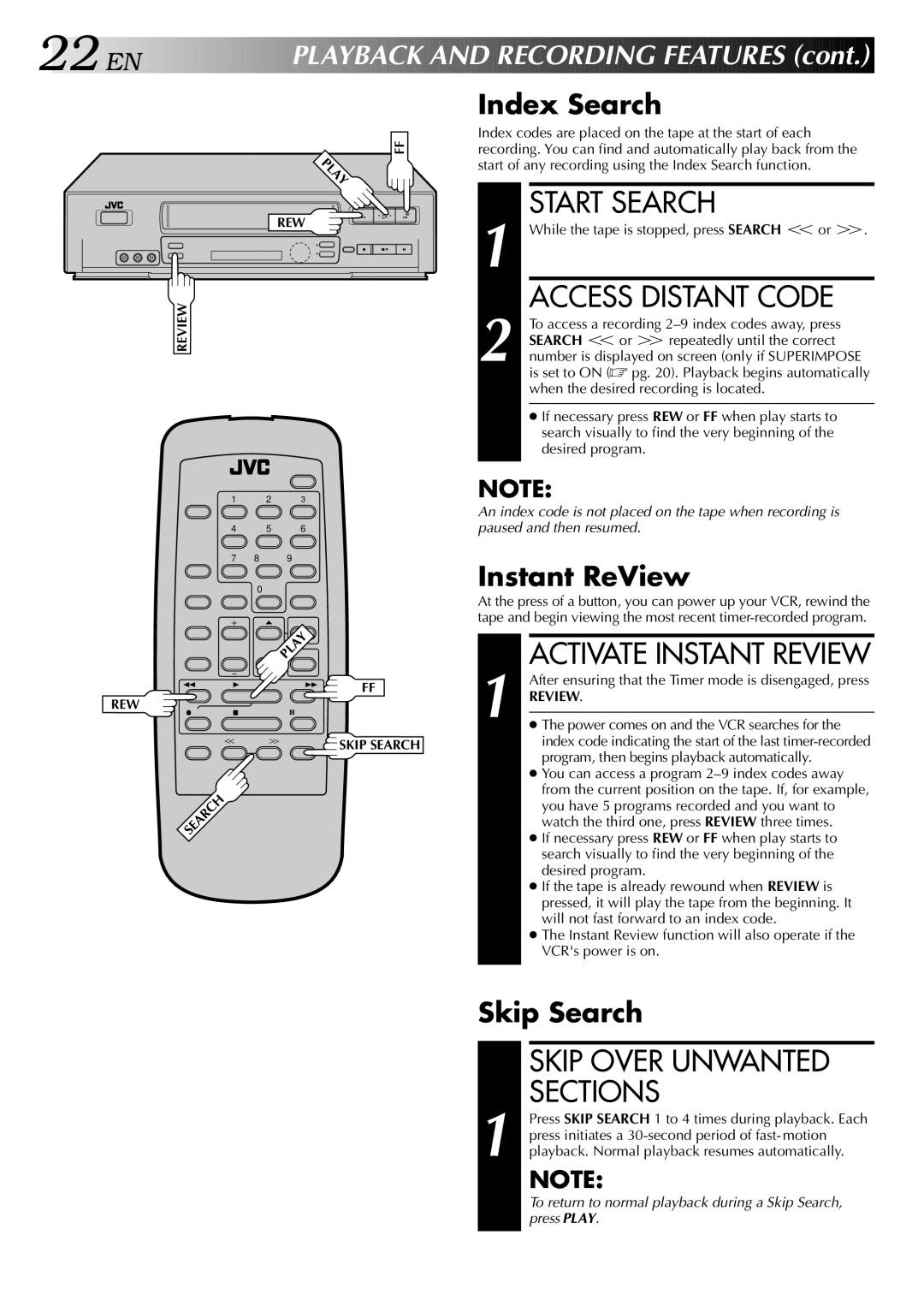 JVC HR-J642U manual Start Search, Access Distant Code, Skip Over Unwanted Sections 