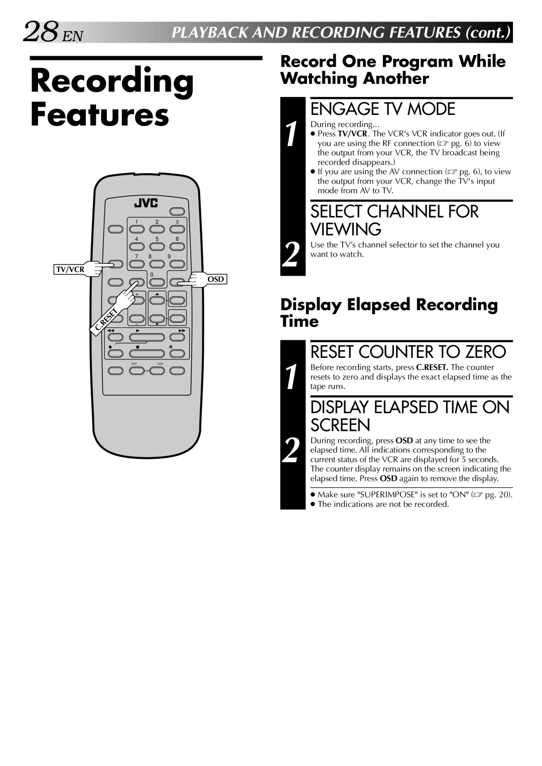 JVC HR-J642U manual Recording Features, Engage TV Mode, Select Channel for Viewing, Reset Counter to Zero 