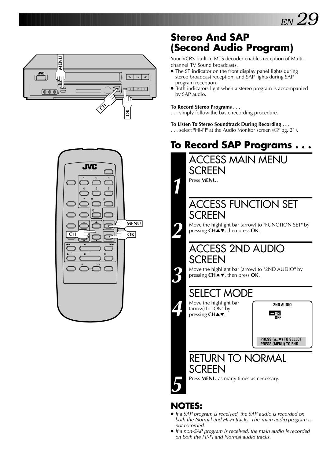 JVC HR-J642U Access 2ND Audio, Stereo And SAP Second Audio Program, To Record SAP Programs, To Record Stereo Programs 