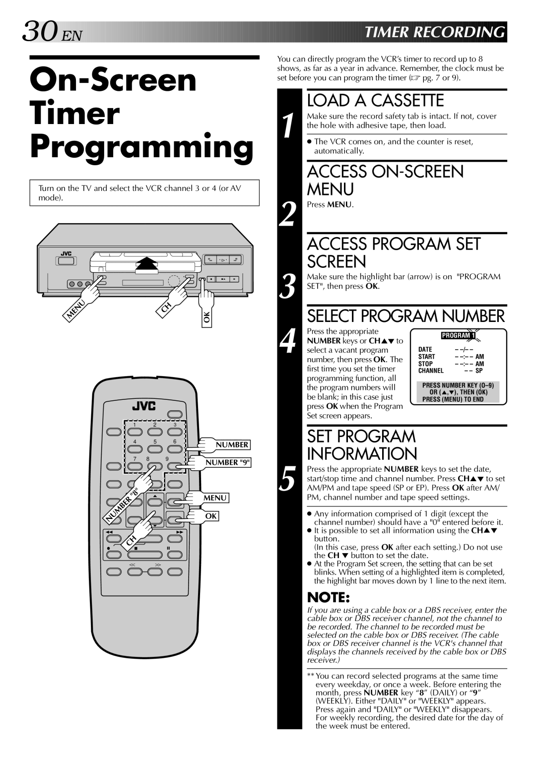 JVC HR-J642U manual On-Screen Timer Programming, Access Program SET, Information, EN Timer Recording, Select Program Number 