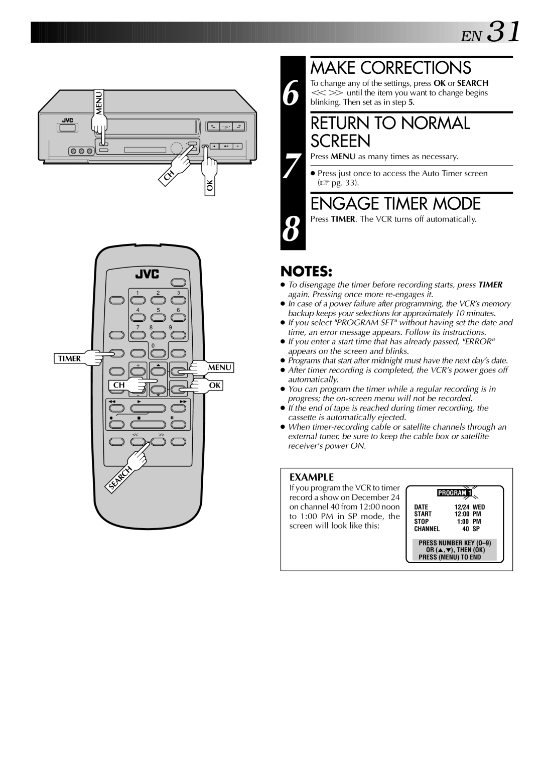 JVC HR-J642U manual Engage Timer Mode 