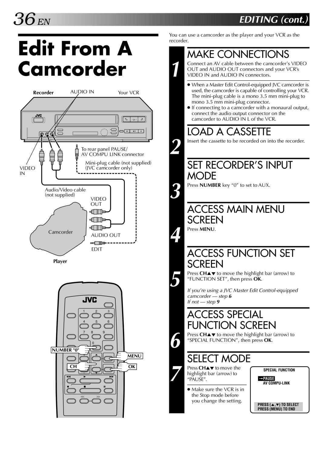 JVC HR-J642U manual Edit From a Camcorder, SET RECORDER’S Input, Mode, Access Special 