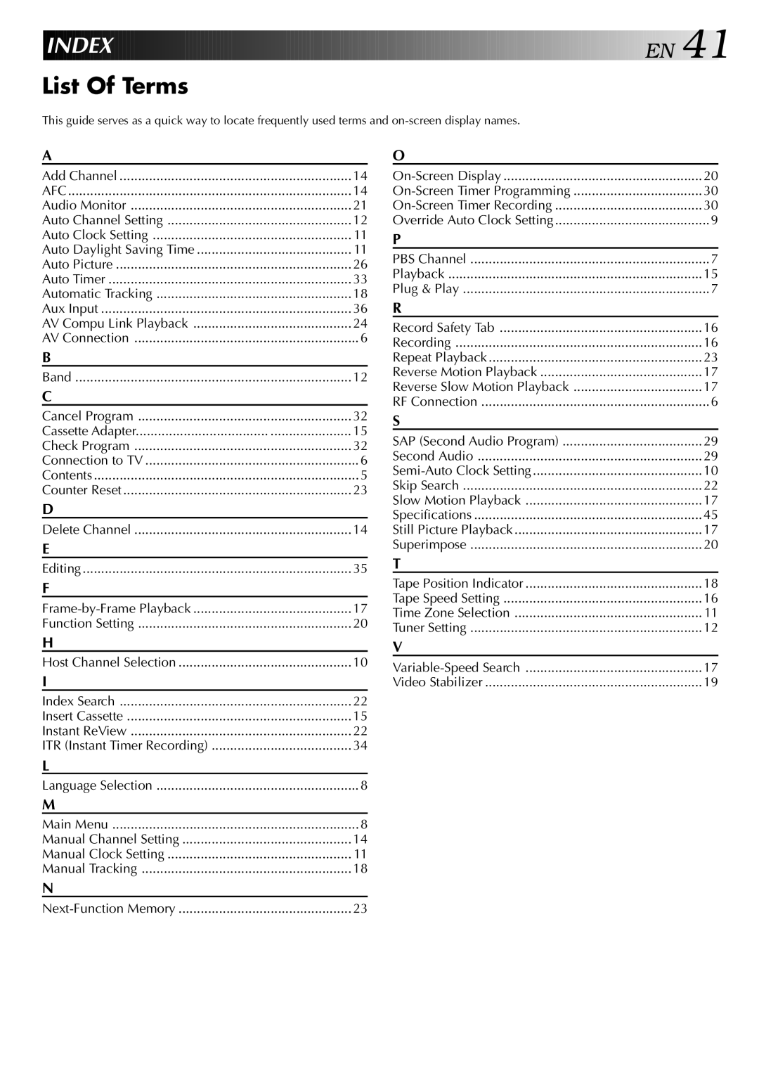 JVC HR-J642U manual Index, List Of Terms 
