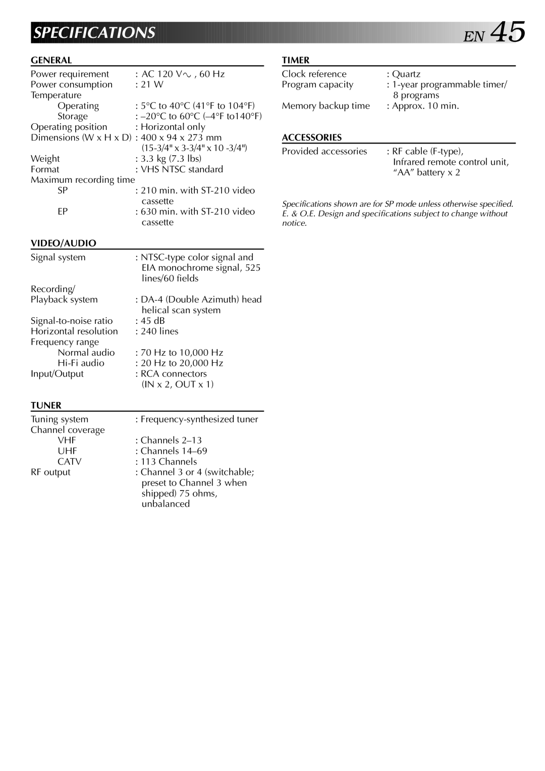 JVC HR-J642U manual Specifications 