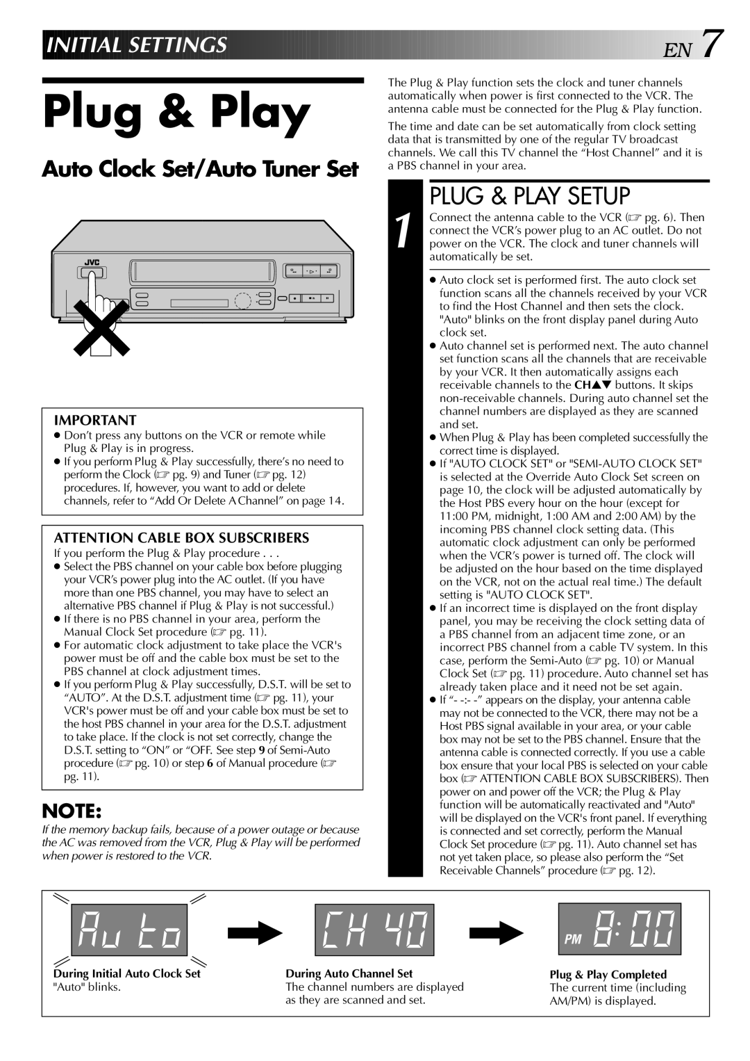 JVC HR-J642U manual Plug & Play Setup, Initial Settings, Auto Clock Set/Auto Tuner Set 