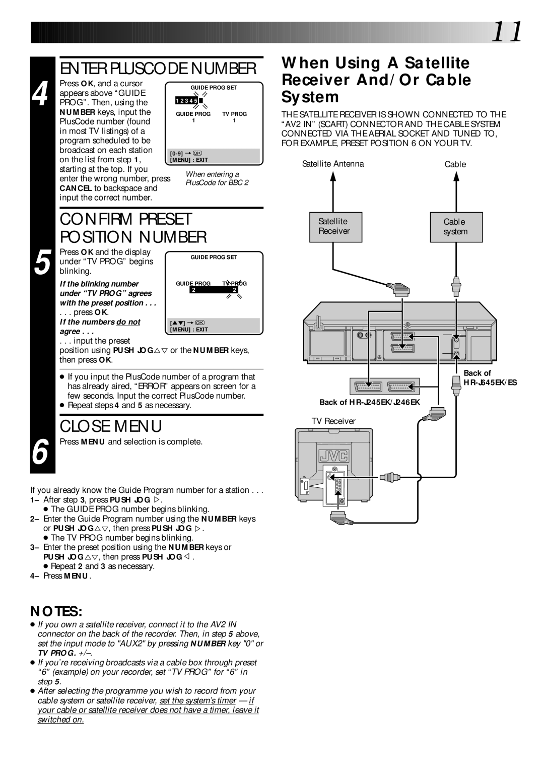 JVC HR-J246EK Confirm Preset Position Number, Close Menu, When Using a Satellite Receiver And/Or Cable System, Back 