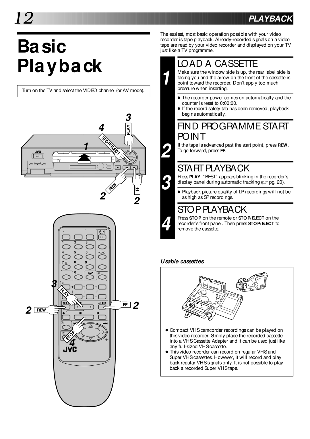 JVC HR-J645ES, HR-J645EK, HR-J245EK, HR-J246EK Basic Playback, Load a Cassette, Point, Start Playback, Stop Playback 