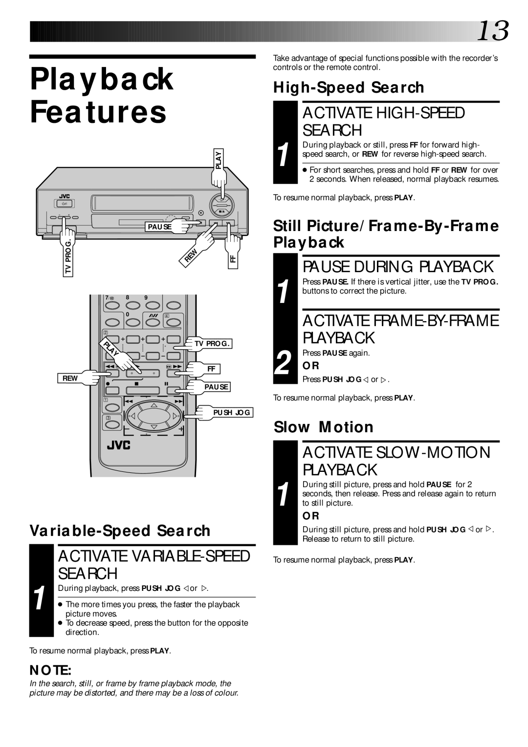 JVC HR-J645EK, HR-J645ES, HR-J245EK Playback Features, Activate HIGH-SPEED Search, Activate SLOW-MOTION Playback 