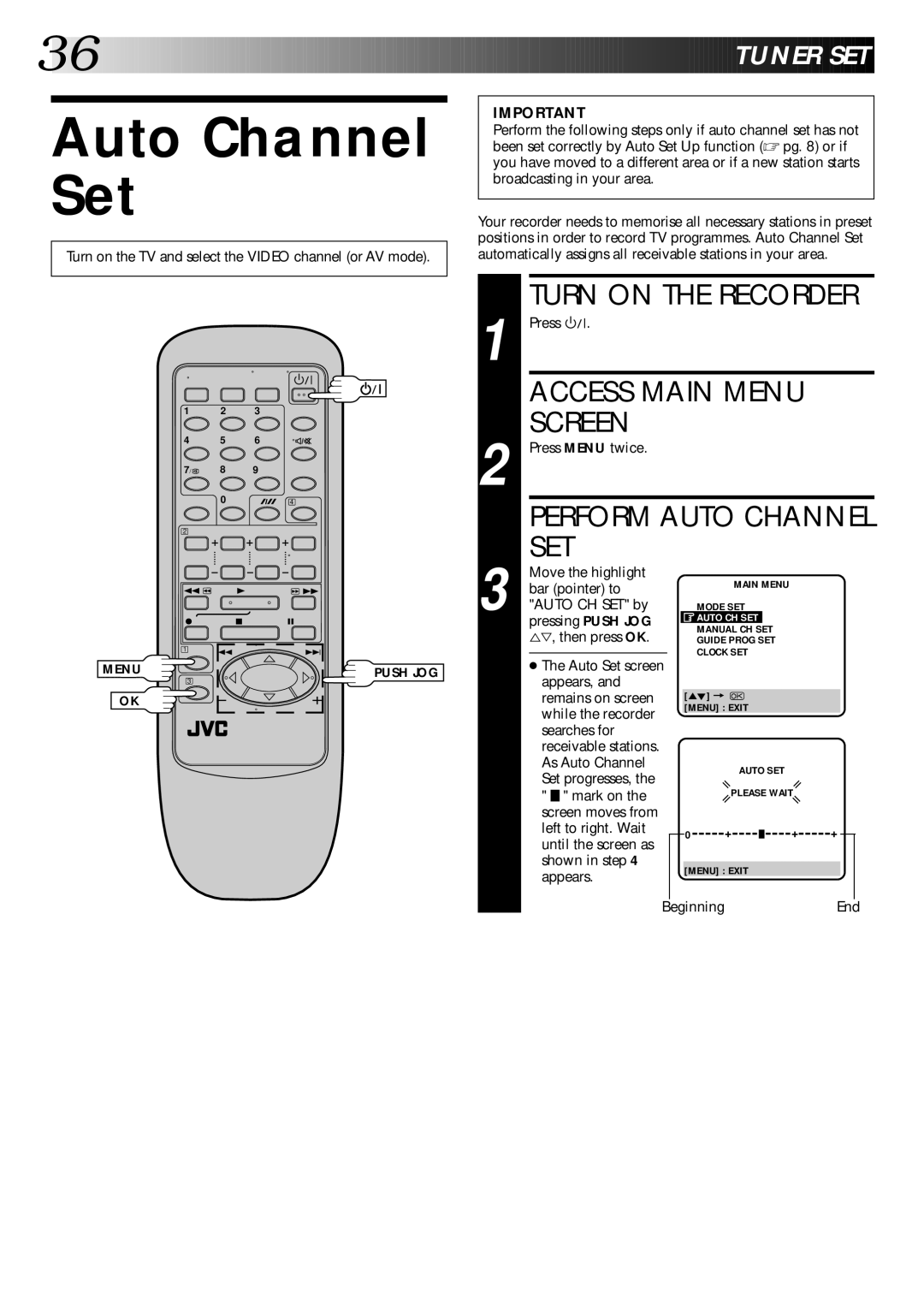 JVC HR-J645ES, HR-J645EK, HR-J245EK, HR-J246EK instruction manual Auto Channel Set, Perform Auto Channel SET 