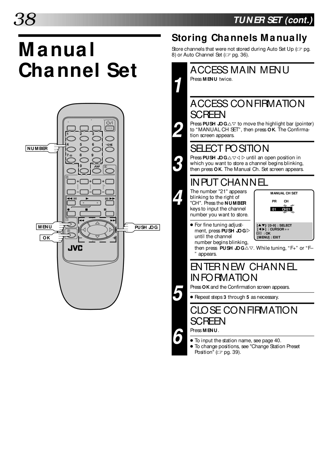 JVC HR-J245EK, HR-J645ES, HR-J645EK, HR-J246EK instruction manual Manual Channel Set 