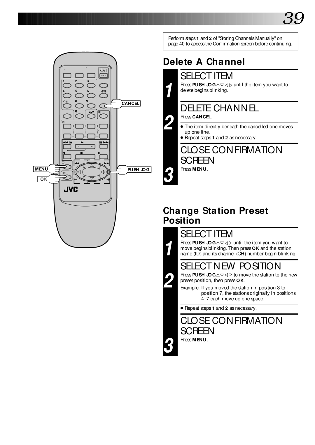 JVC HR-J246EK Select Item, Delete Channel, Select NEW Position, Delete a Channel, Change Station Preset Position 