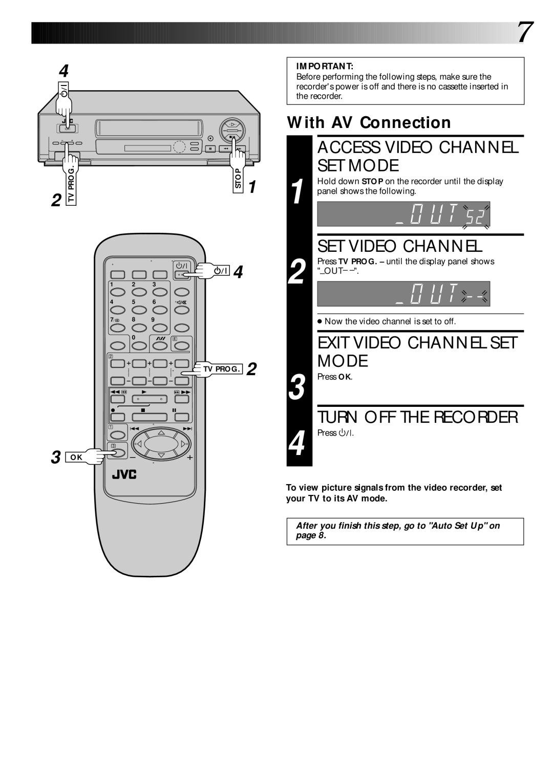 JVC HR-J246EK, HR-J645ES Access Video Channel SET Mode, SET Video Channel, Exit Video Channel SET Mode, With AV Connection 