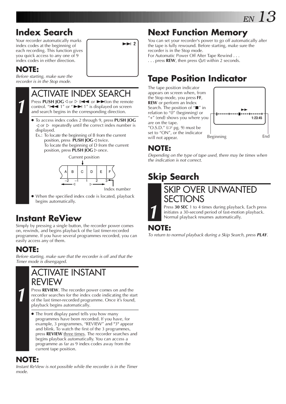 JVC HR-J655EA specifications Activate Index Search, Skip Over Unwanted, Sections, Activate Instant Review 