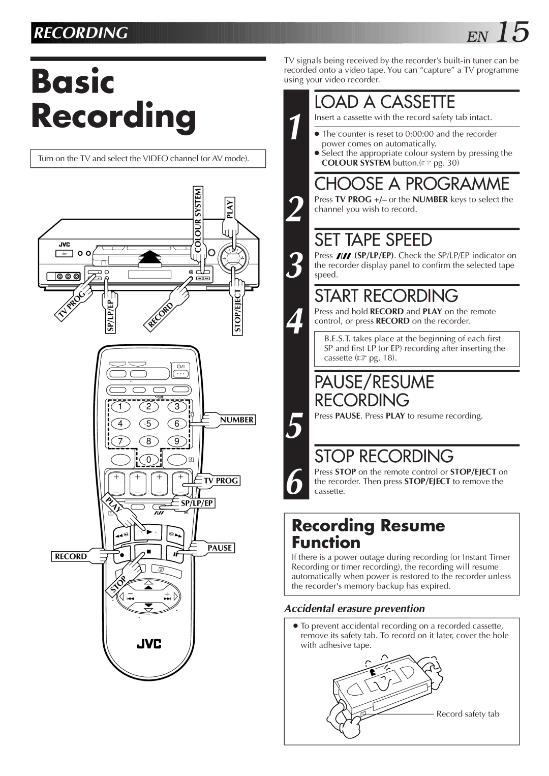 JVC HR-J655EA specifications Basic Recording 